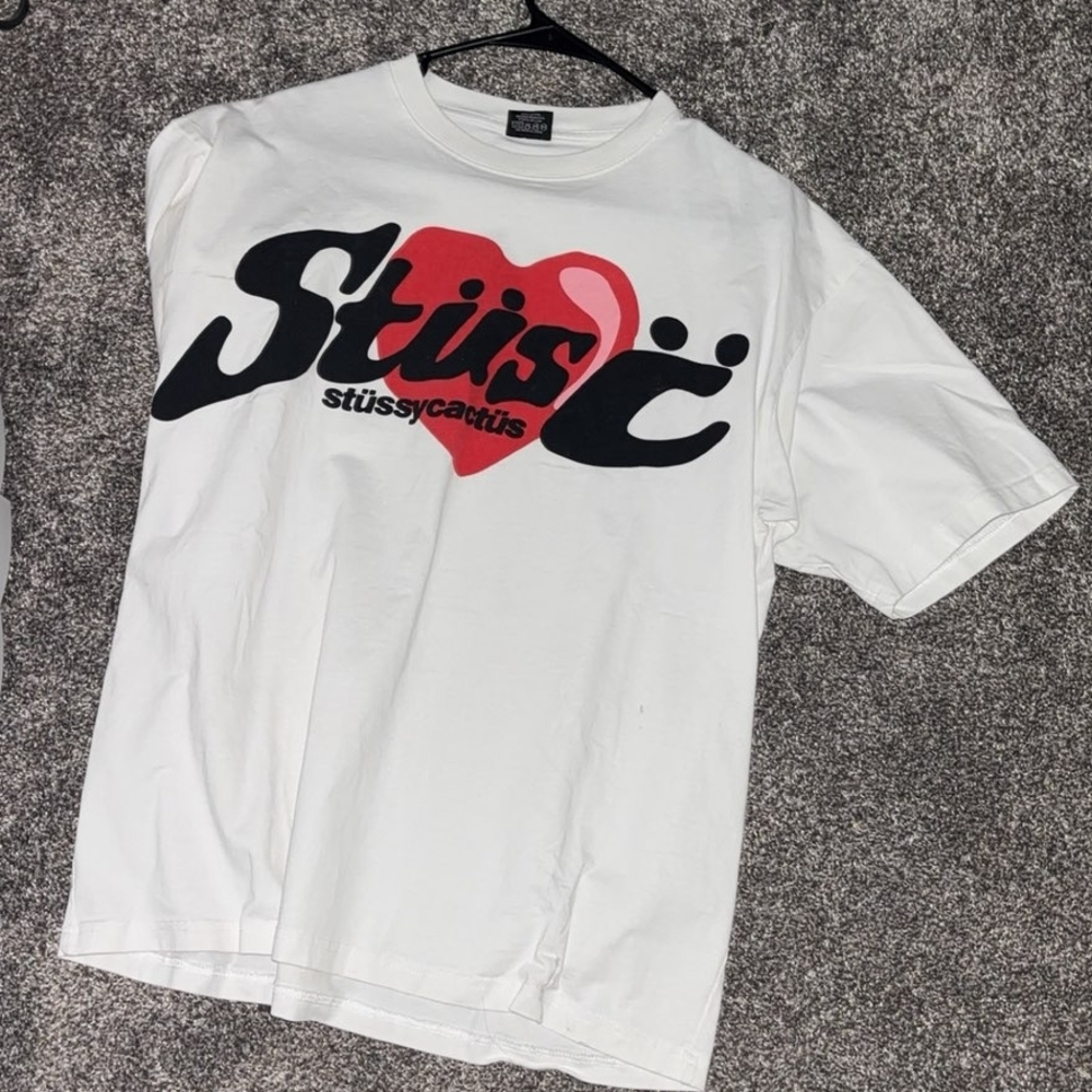 Stussy White Tee with Black and Red Graphic